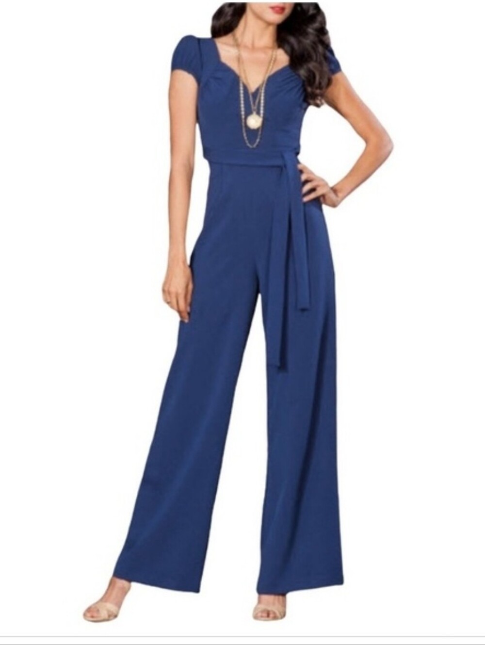 Stop Staring Navy Cap-Sleeve Wide-Leg Barcelona Jumpsuit with Tie Waist